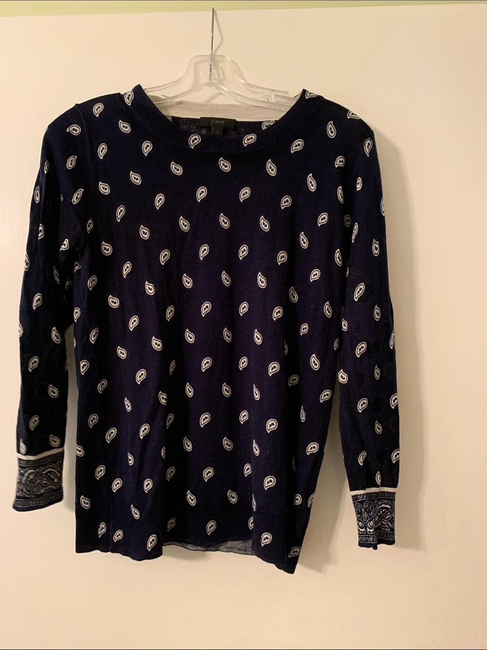 J. Crew Navy White Paisley Crewneck Long Sleeve Sweater